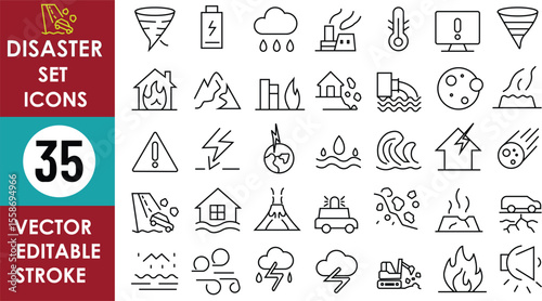 The image shows 35 editable vector stroke icons related to disasters like floods, fire, tornado, earthquake, volcano, tsunami, heatwave, storm, landslide, and drought