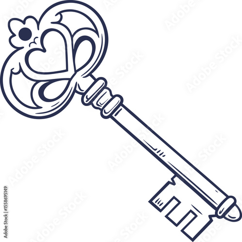 Antique gold metal heart-shaped key unlocks the door to success