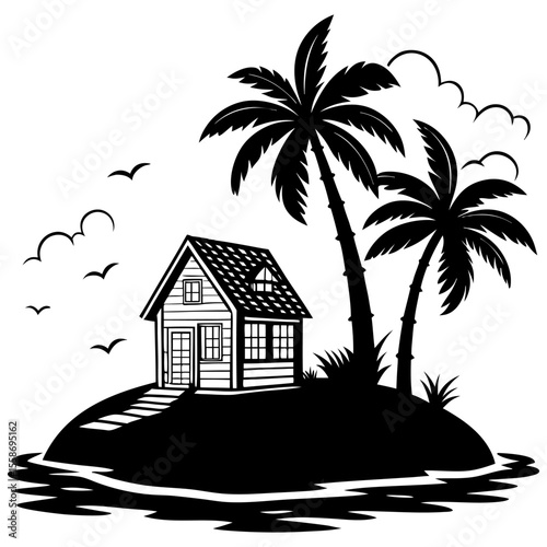 Silhouette of Tropical Island House with Palm Trees; A black and white drawing of a house on a beach