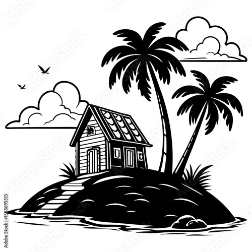 Silhouette of Tropical Island House with Palm Trees; A black and white drawing of a house on a beach