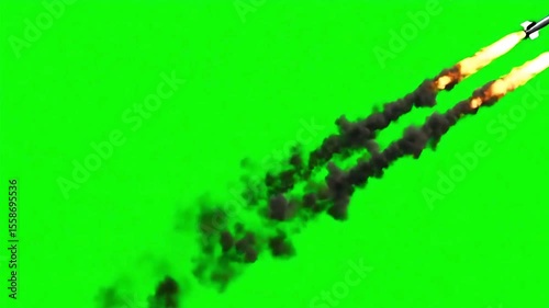 Two Military Missile Flying on a Green Screen Background.  Launching Missile with Bright Flames and Thrust.