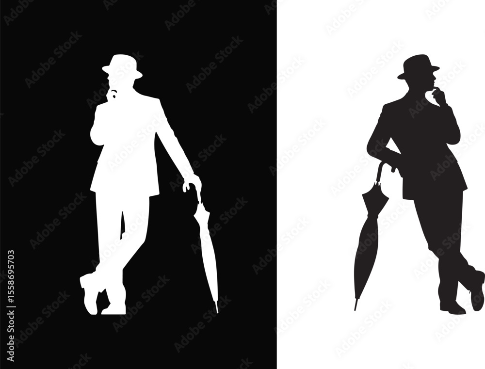 Elegant gentleman silhouette with hat and umbrella pondering on black and white background