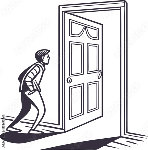 An illustration of an open, old wooden door leading into a vintage home's interior, showing a man entering the room