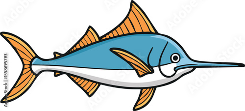 Cartoon illustration of a blue marlin fish with orange fins and a long pointed bill.