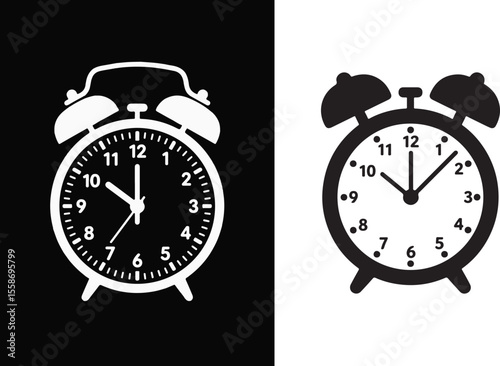 Vintage alarm clock icons white on black and black on white background