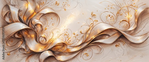 An ornate abstract sketch showcases flowing ribbons intertwined with whimsical floral elements, accented by soft colors and a touch of gold. The composition exudes elegance and creativity