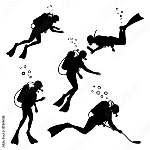 Silhouettes of Scuba Divers Underwater pack; Hand drawn scuba diver silhouette vector set