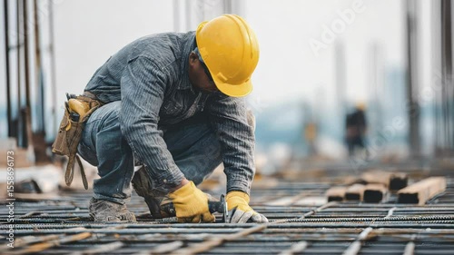 Construction Worker in Yellow Helmet and Gloves Installing Steel Bars on Building Site