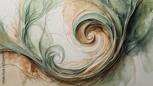 Intricate swirls and curves merge with soft, natural hues, creating a harmonious composition emphasizing fluid movement and the beauty of organic design