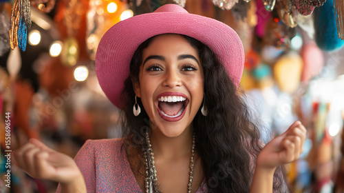 Energetic Hispanic woman wearing pink hat, showcasing sparkling jewelry amid blurred marketplace, vibrant colors glowing softly around her