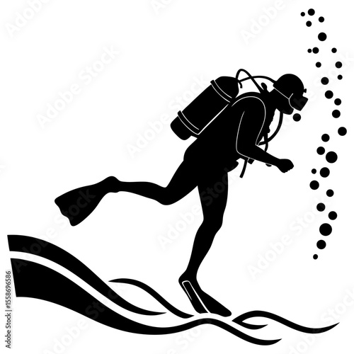 Silhouette of Scuba Diver Underwater; Hand drawn scuba diver silhouette vector