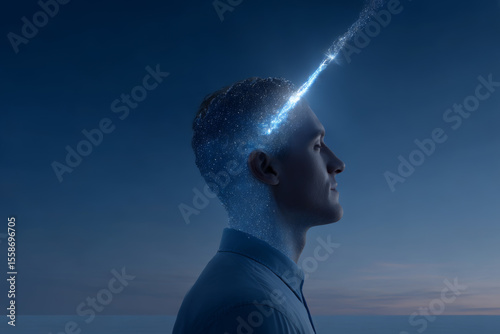 Creative mind concept - person's profile merged with galaxy, meteor symbolizing flashing thoughts