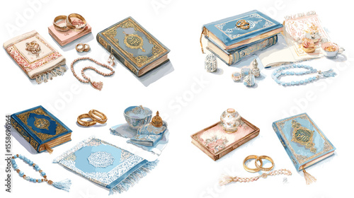 Elegant watercolor illustration of Quran, prayer rugs, tasbih, and Islamic accessories, ideal for Ramadan, Islamic decor, or religious educational materials.

