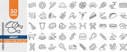 Meat Line Icon Set – Vector Illustrations of Ham, Sausage, Butchery, Steak, Chicken, Bacon & Meat Products. Editable Stroke. Vector illustration