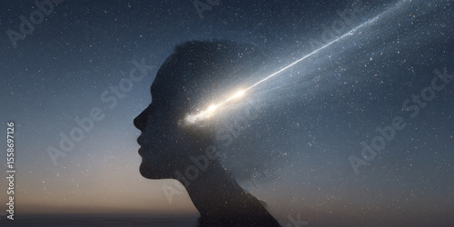 Mental activity visualization - cosmic head silhouette with shooting star as thought spark.