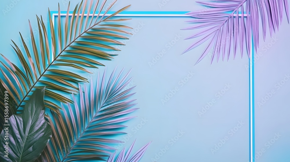Fototapeta premium Tropical Palm Leaves Neon Frame Summer Background