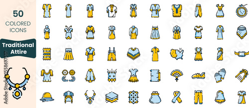 Collection of 50 colored icons representing various traditional attire and accessories in a playful design, featuring a mix of dresses, jewelry, and cultural garments.