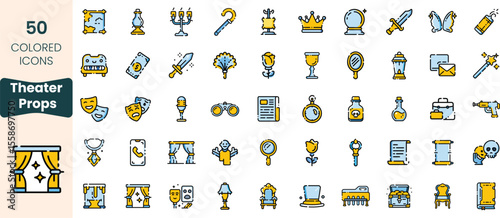 Collection of colored theater props icons, featuring various items like masks, crowns, and instruments, perfect for creative projects.