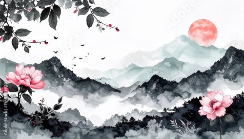Watercolor asiatic art, black mountains and pink flowers