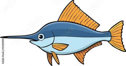Cartoon illustration of a marlin fish, showcasing its distinctive features like a long bill and colorful fins.