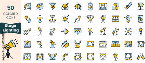 Colorful collection of 50 stage lighting icons, featuring various lighting equipment and setups, perfect for performance and event themes.