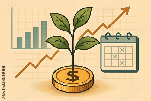 Creative digital illustration of money plant growing from a coin, with background of graphs and calendar – financial growth metaphor. Generative AI