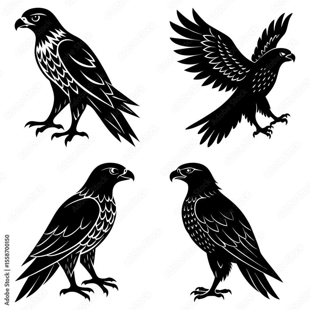 Obraz premium Four black silhouette illustrations of eagles in various poses against a white background design element