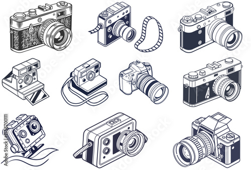 A collection of 10 technical camera illustrations, each with a clean vector style, highlighting distinct camera types and structural details