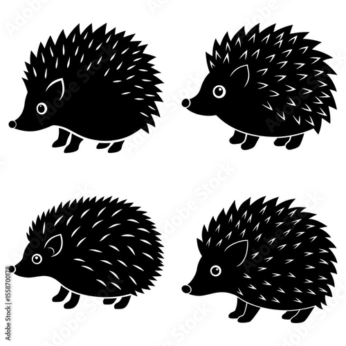Four black silhouette hedgehogs with spiky quills arranged in a square pattern on white background