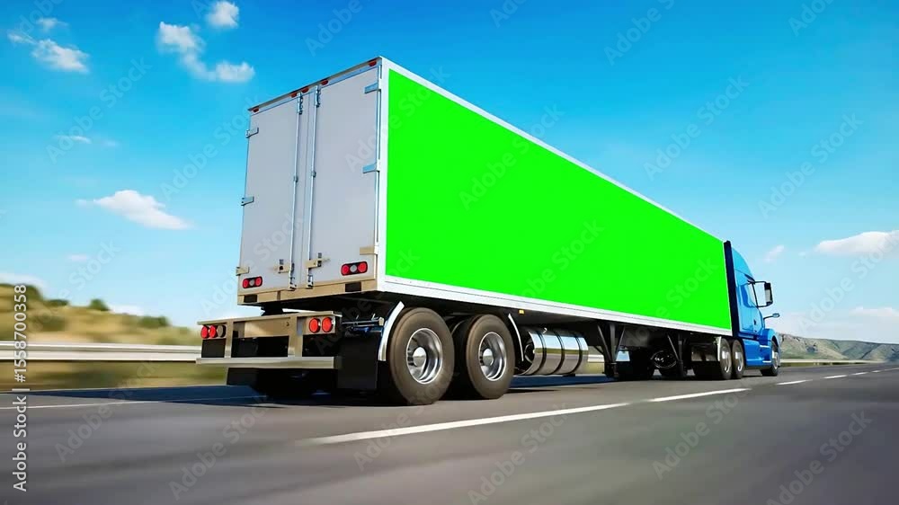 Blue Cargo Truck with a Blank Green Screen Side for Branding. blue semi-truck with a white trailer driving at speed on a highway Blue Cargo Truck with a Blank Green Screen Side for Branding. blue semi-truck with a white trailer driving at speed on a highway