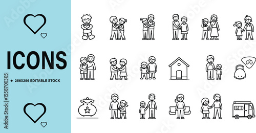 Collection of Simple Line Icons Representing Family Relationships and Social Interactions