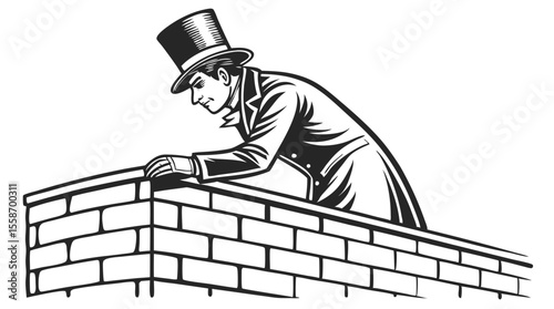 Vintage Engraving of Man with Top Hat Leaning on Brick Wall