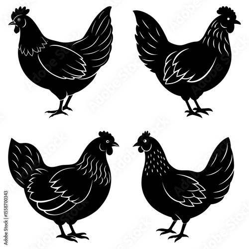 Four black silhouette chickens in various poses isolated on a white background showing farm animals