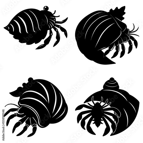 Four black silhouettes of hermit crabs in various shells on a white background vector illustration