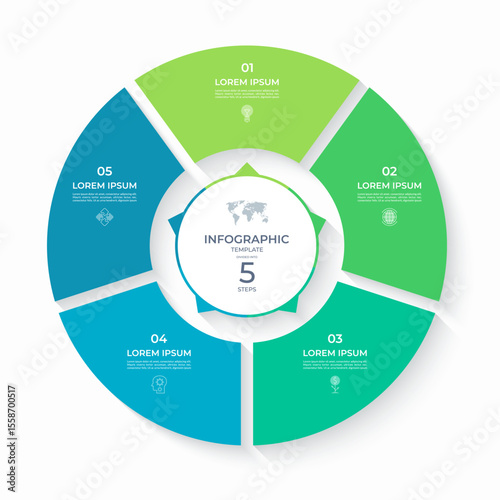 Vector infographic circle divided into 3 steps. Cycle diagram with 5 options. Round chart that can be used for report, business analytics, data visualization and presentation, educational content.