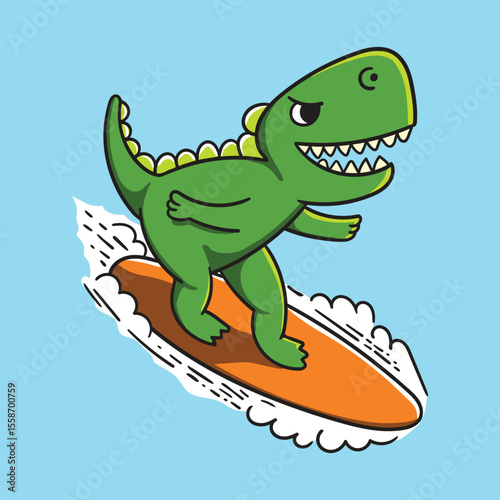 Cute Dino Character Surfing on Blue Sea Waves
