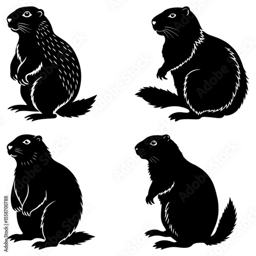 Four groundhogs in silhouette, two with fur details, standing on their hind legs on a white background