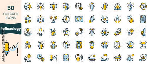 Collection of 50 colored reflexology icons, featuring various health and wellness themes related to reflexology techniques and practices.