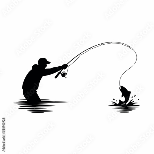 Fly Fishing Silhouette Angler Casting Line, Fish Jumping