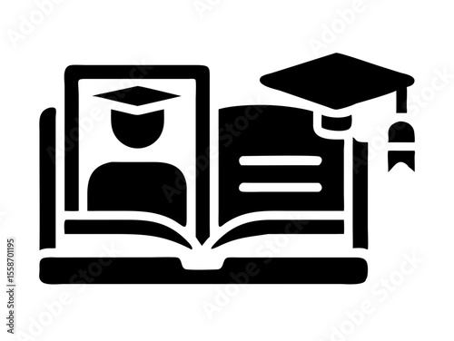 Academic achievement: graduation ceremony and library resources. This graphic depicts a graduation ceremony and a library, highlighting a celebratory and educational environment.