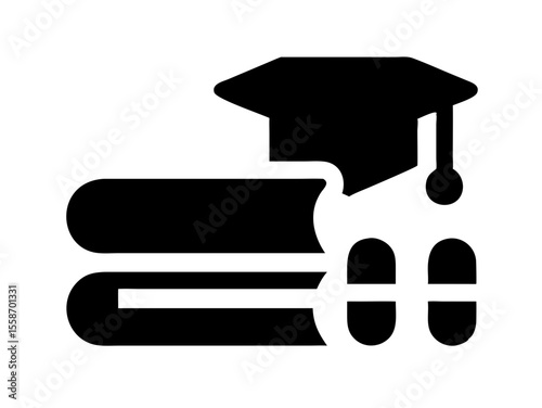 Academic achievement: graduation ceremony and library resources. This graphic depicts a graduation ceremony and a library, highlighting a celebratory and educational environment.