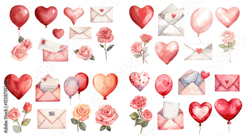 Romantic watercolor illustration set with hearts, roses, balloons, and love letters, ideal for Valentine's Day, wedding, or romantic-themed designs.

