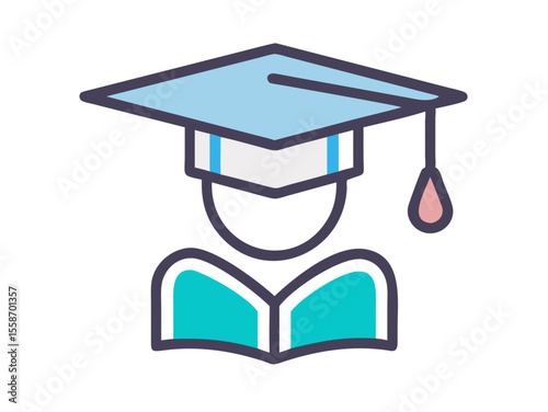 Academic achievement: graduation ceremony and library resources. This graphic depicts a graduation ceremony and a library, highlighting a celebratory and educational environment.