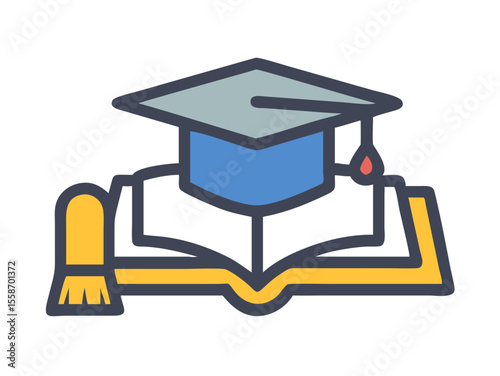 Academic achievement: graduation ceremony and library resources. This graphic depicts a graduation ceremony and a library, highlighting a celebratory and educational environment.