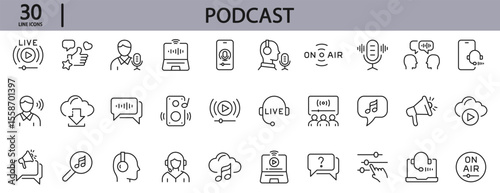 Podcast line icons set with Audio, Microphone, Live, Streaming, Voice, Podcaster, Broadcasting, Sound and more. Editable Stroke 