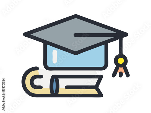 Open book with graduation cap, symbolizing academic success. A stylized illustration of an open book, resting on a surface, with a graduation cap placed atop and tassel hanging. 