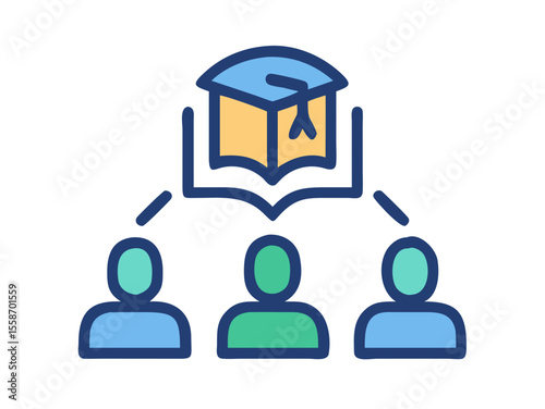 Open book with graduation cap, symbolizing academic success. A stylized illustration of an open book, resting on a surface, with a graduation cap placed atop and tassel hanging. 