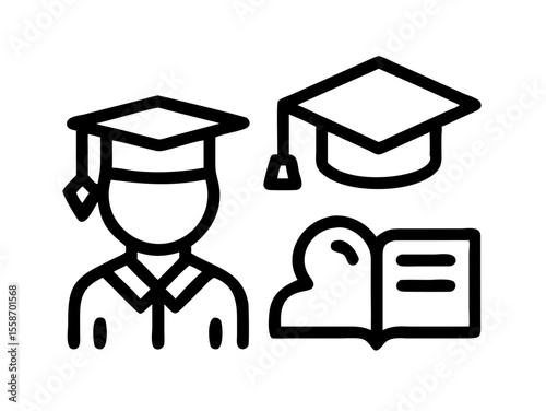 Open book with graduation cap, symbolizing academic success. A stylized illustration of an open book, resting on a surface, with a graduation cap placed atop and tassel hanging. 