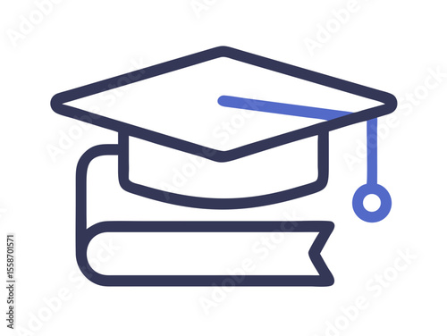 Open book with graduation cap, symbolizing academic success. A stylized illustration of an open book, resting on a surface, with a graduation cap placed atop and tassel hanging. 