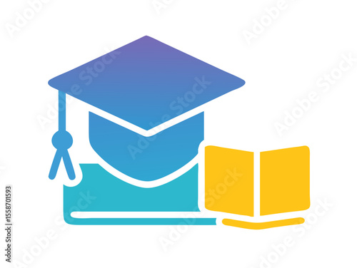 Open book with graduation cap, symbolizing academic success. A stylized illustration of an open book, resting on a surface, with a graduation cap placed atop and tassel hanging. 